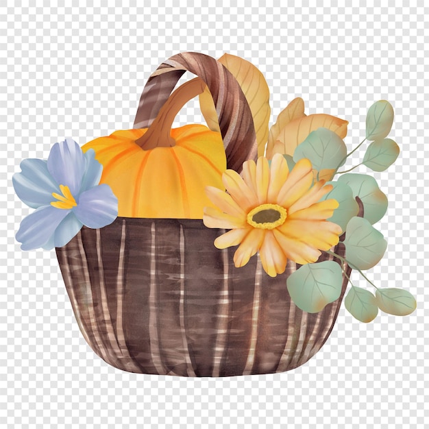 Basket with Flowers and Pumpkin Watercolor Autumn Fall Rustic Clipart element