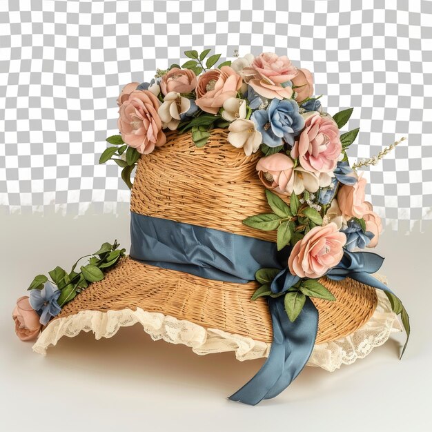 a basket with a hat and flowers on it