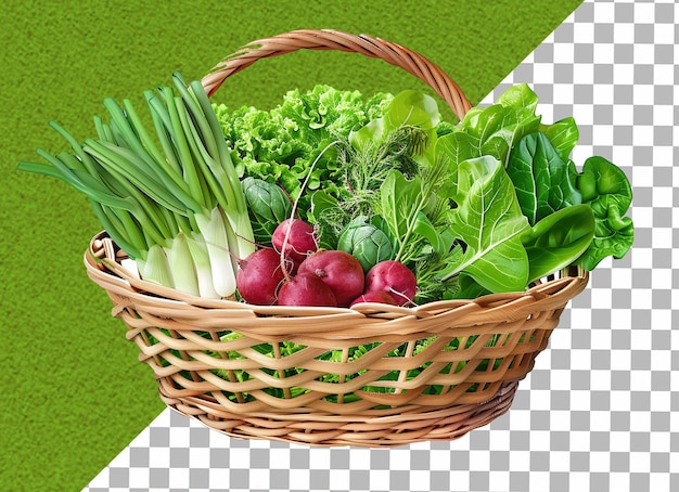 Basket with spring vegetables lettuce green onion green garlic red radish and spinach isolated