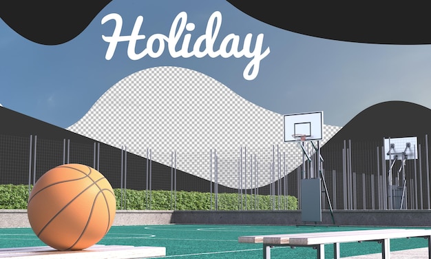 A basketball court with a basketball on the top and the word holiday on the bottom.