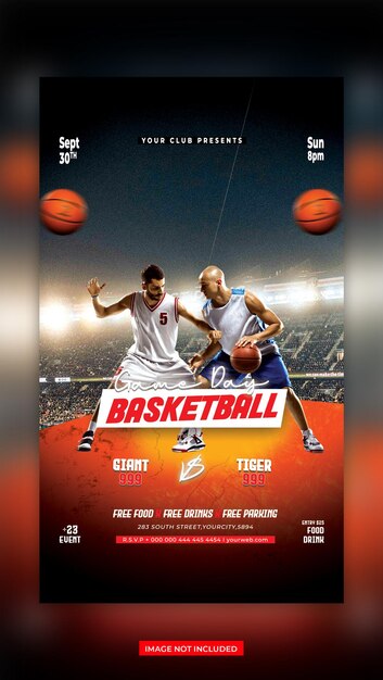 PSD basketball game day vertical flyer and social media banner template