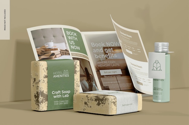 Bathroom Kit with Tri Fold Brochure Mockup Leaned