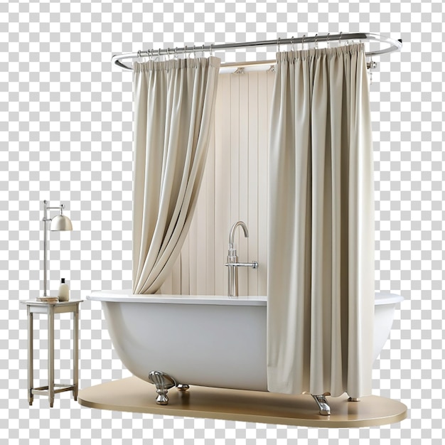 PSD bathtub with curtain cupboard and shower isolated on transparent background