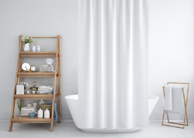 bathtub with curtain and shelf