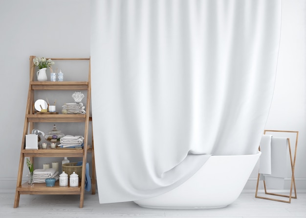 bathtub with curtain and shelf