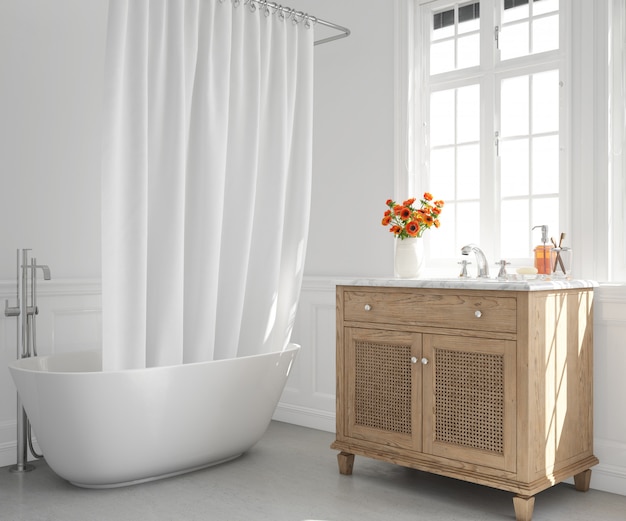 bathtub with curtain and sink on cupboard