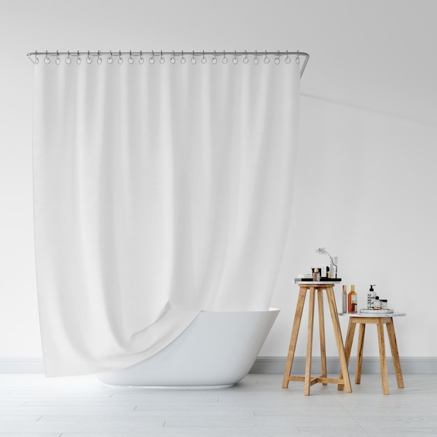 bathtub with curtain and stool with hygiene products