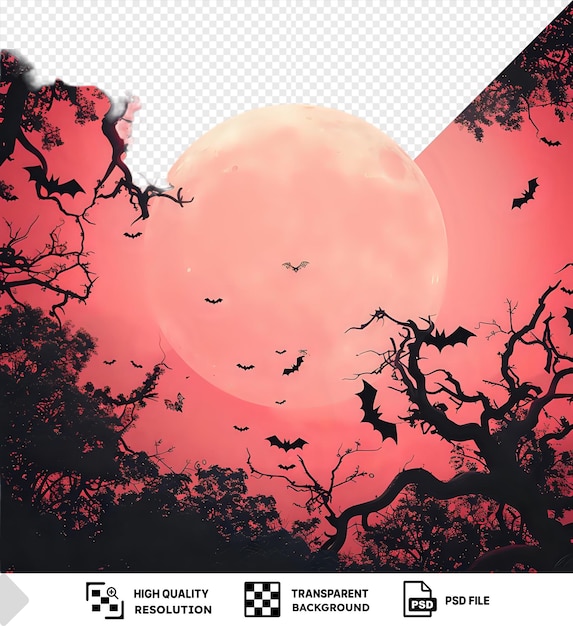 PSD bats flying around a full moon with branches in silhouette against a transparent background