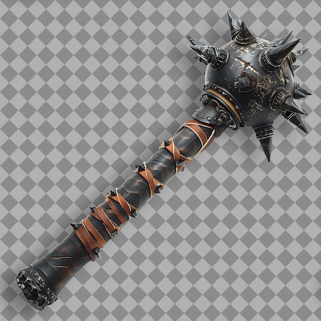 PSD battle worn iron mace spiked with obsidian shards and wrappe png game asset on clean background