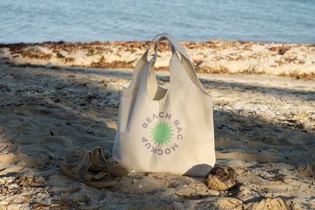 PSD beach bag mockup on sand