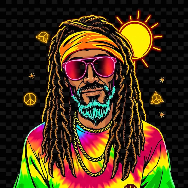 PSD beach bum with dreadlocks neon tie dye art design with rainbow theme decorated with peace signs an