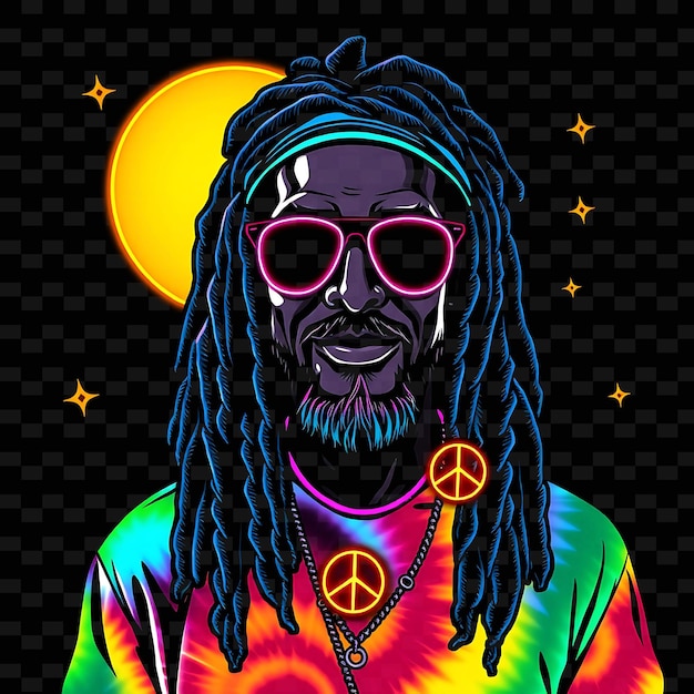 PSD beach bum with dreadlocks neon tie dye art design with rainbow theme decorated with peace signs an