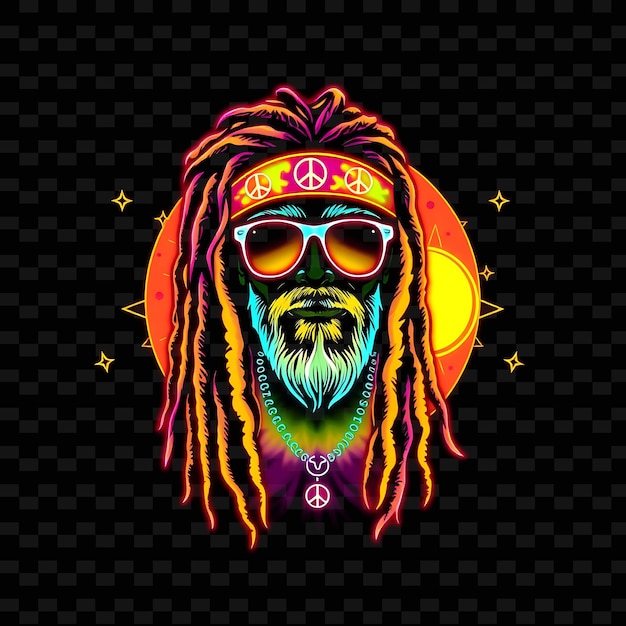 PSD beach bum with dreadlocks neon tie dye art design with rainbow theme decorated with peace signs an