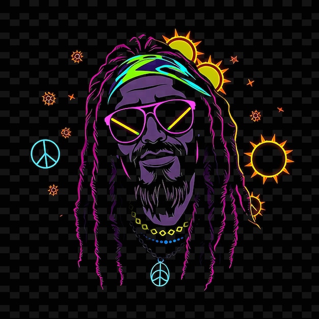 PSD beach bum with dreadlocks neon tie dye art design with rainbow theme decorated with peace signs an