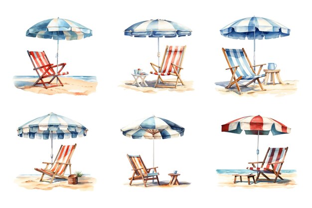 PSD beach chair with umbrella collection bundle set isolated on a transparent background