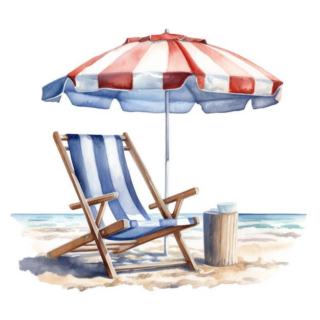 Beach Chair with Umbrella Isolated Detailed Watercolor Hand Drawn Painting Illustration