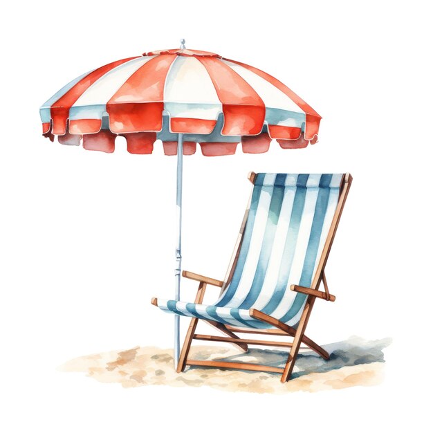 PSD beach chair with umbrella isolated detailed watercolor hand drawn painting illustration