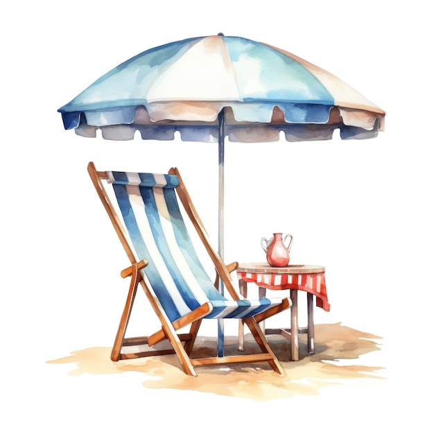 Beach Chair with Umbrella Isolated Detailed Watercolor Hand Drawn Painting Illustration