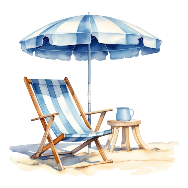 Beach Chair with Umbrella Isolated Detailed Watercolor Hand Drawn Painting Illustration