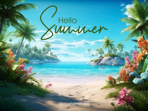 A beach scene with a beach and palm trees and the word hello summer.