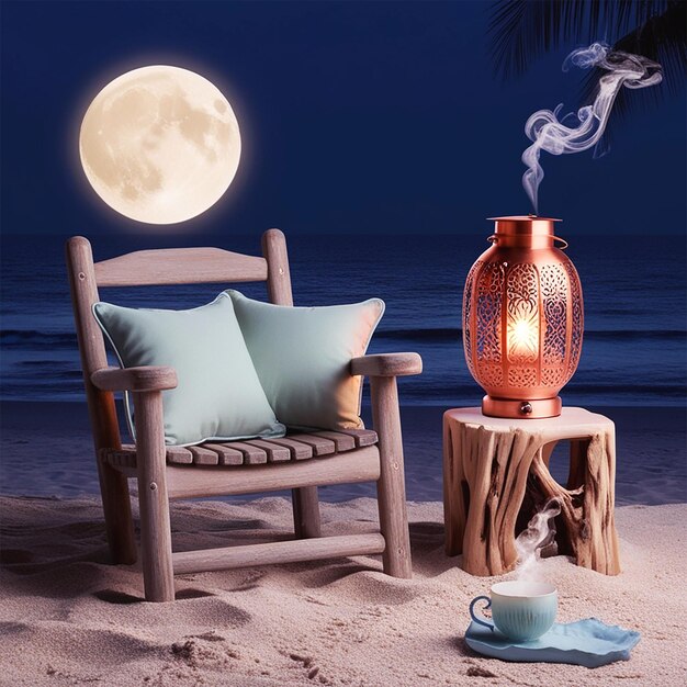 PSD a beach scene with a chair and a lamp on a table with a full moon in the background