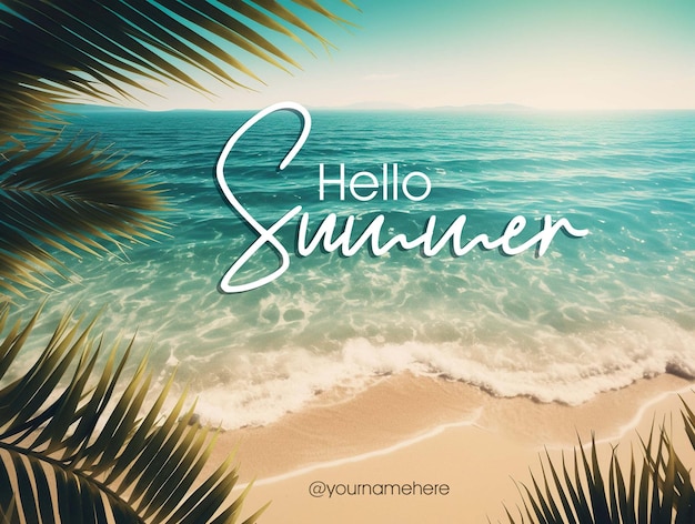 A beach scene with a palm tree and the word hello summer on it