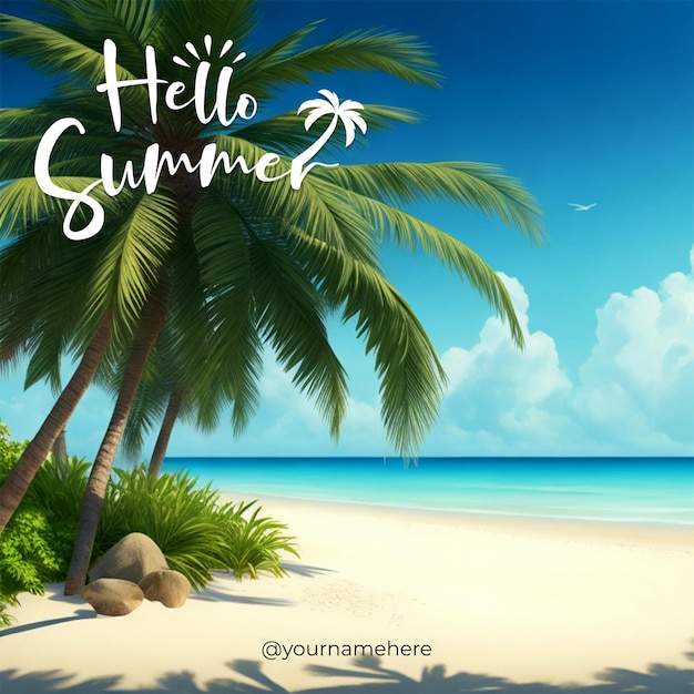 A beach scene with palm trees and the words hello summer.