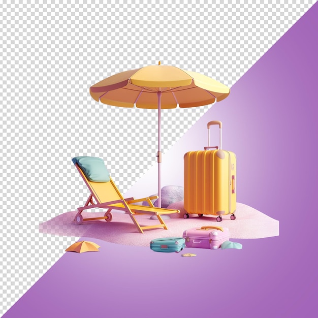 PSD beach umbrella chair sand sea suitcase leisure tour isolated on purple background