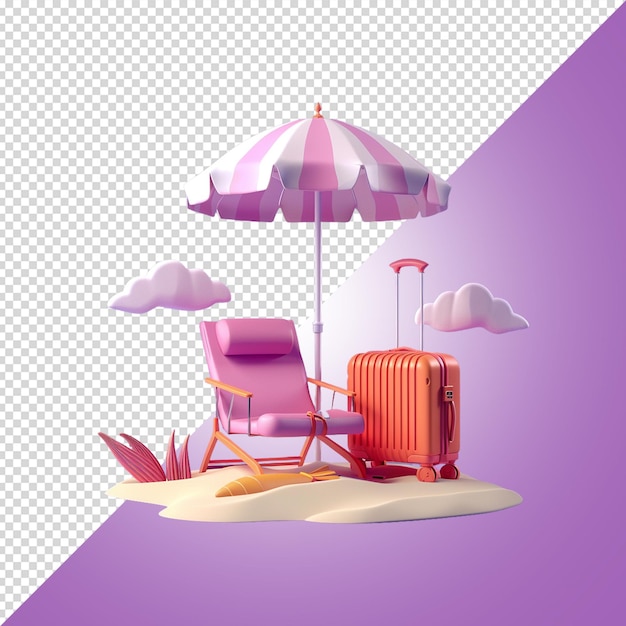 PSD beach umbrella chair sand sea suitcase leisure tour isolated on purple background