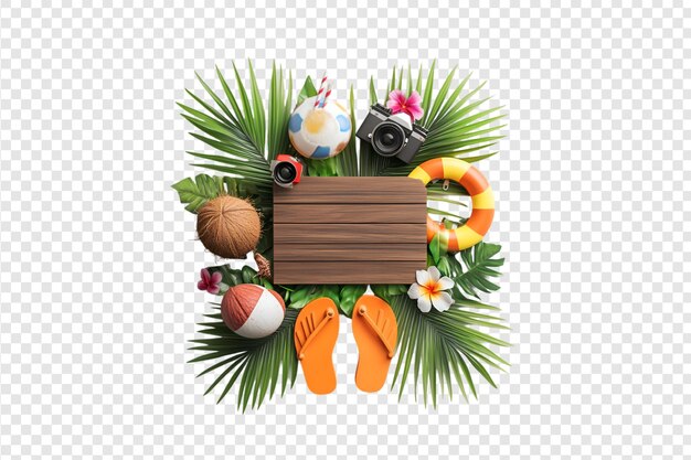 PSD beach vacation essentials with tropical leaves and wooden board isolated on a transparent background