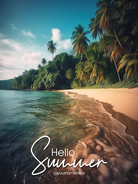 A beach with palm trees and the words hello summer