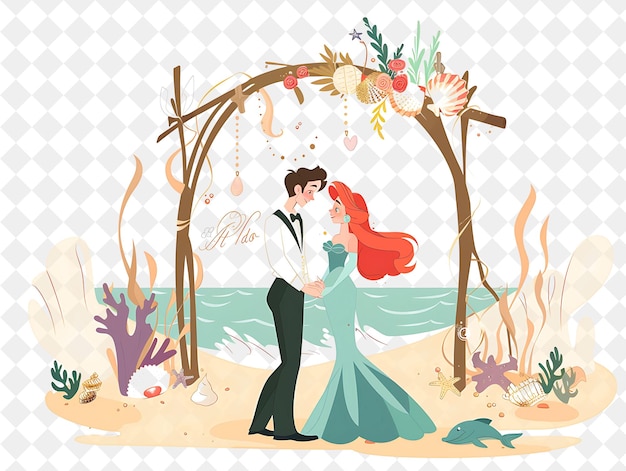 PSD beachfront ceremony with the little mermaid and prince eric people life style flat illustration