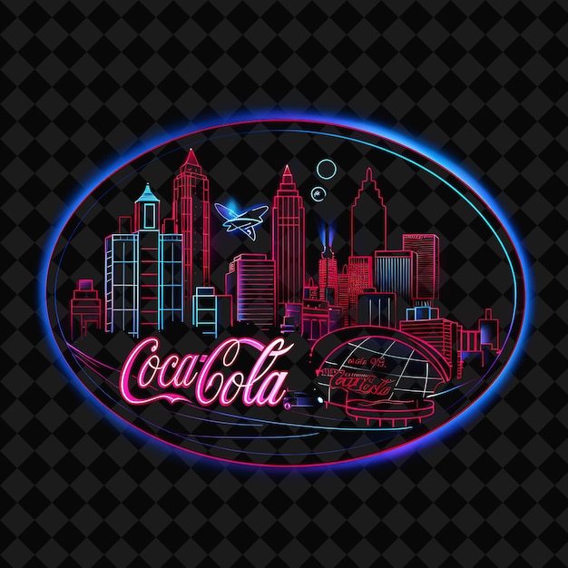 PSD beaming neon atlanta scenery inside a silhouette oval landsc png y2k monoline cityscape collage art