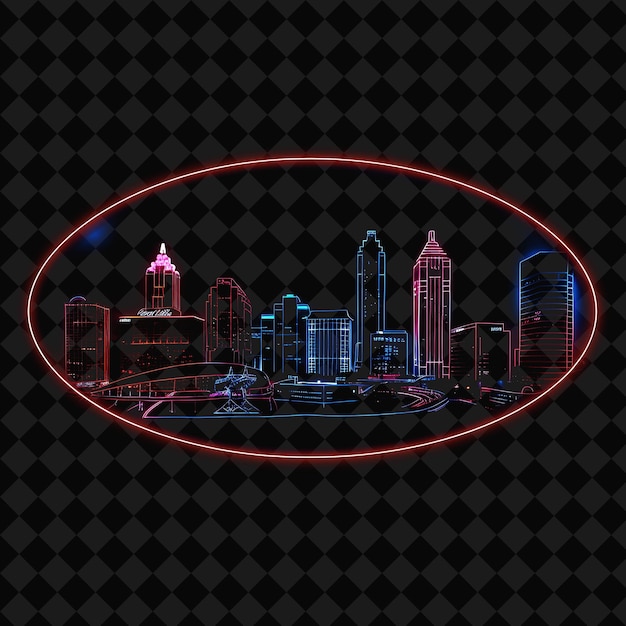 PSD beaming neon atlanta scenery inside a silhouette oval landsc png y2k monoline cityscape collage art