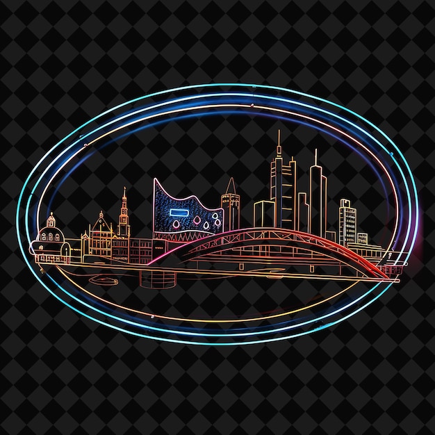 PSD beaming neon hamburg scenery inside a silhouette oval landsc png y2k monoline cityscape collage art