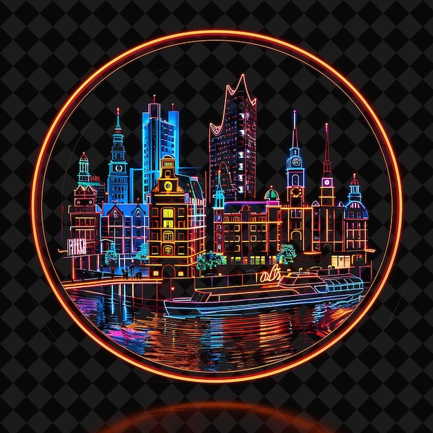 PSD beaming neon hamburg scenery inside a silhouette oval landsc png y2k monoline cityscape collage art