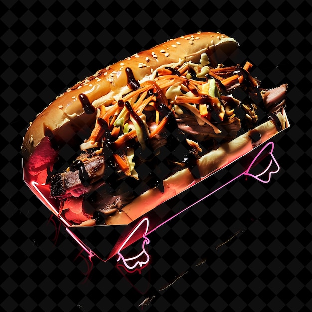 PSD beaming neon rays carolina pulled pork sandwich in a pig sha png neon food decor y2k collection