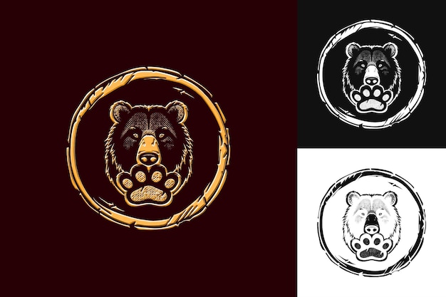 PSD bear icon paw print emblem with wooden border strong bear wi illustration animal vector art design