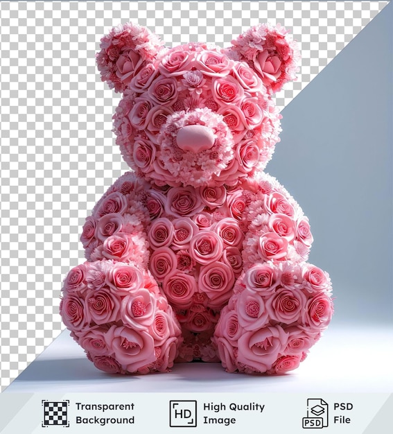 Bear of pink roses for Valentines day on transparent background