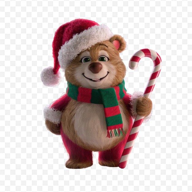 a bear wearing a red and green scarf and a santa hat