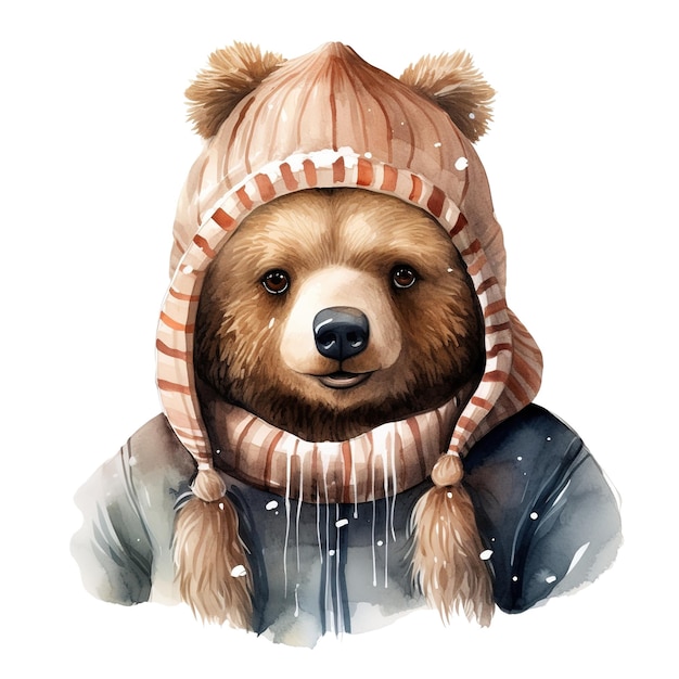 Bear Wearing Winter Clothes For Christmas Event Watercolor Style AI Generated