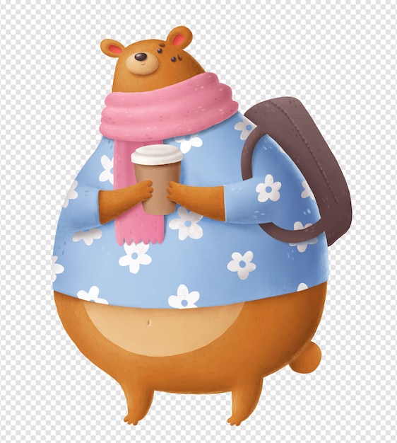 Bear with coffee and backpack