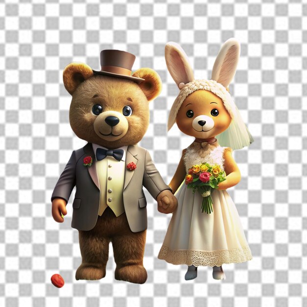 PSD a bear with a cute rabbit getting married on white background