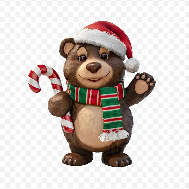 a bear with a red and green striped scarf holding a candy cane