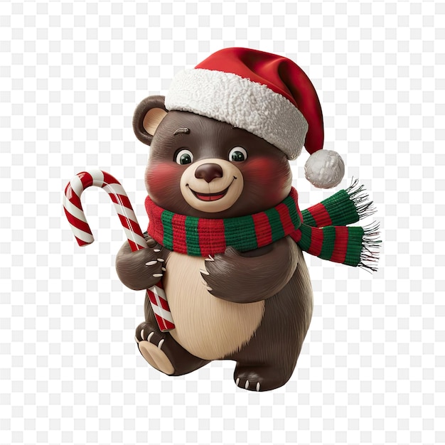 a bear with a red hat and a candy cane