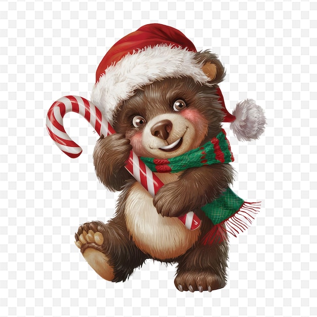 a bear with a santa hat and a candy cane