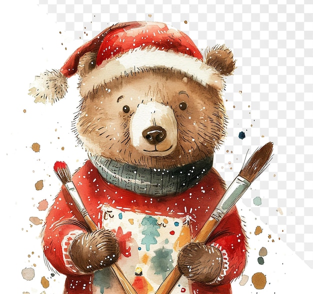 PSD a bear with a santa hat and a santa hat holding a paint brush