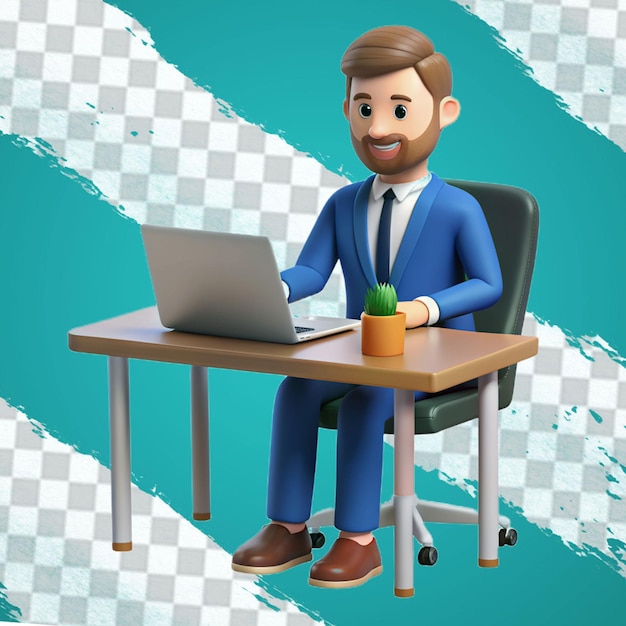 bearded guy sitting in front of laptop man work on computer freelancer