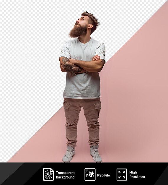 PSD a bearded man in casual clothes looks up with a thoughtful expression while holding his chin