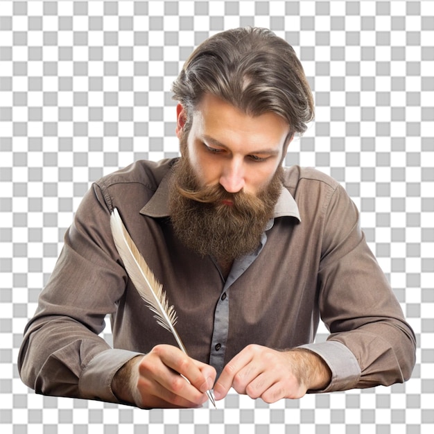 PSD bearded man writing with feather at table isolated on transparent background